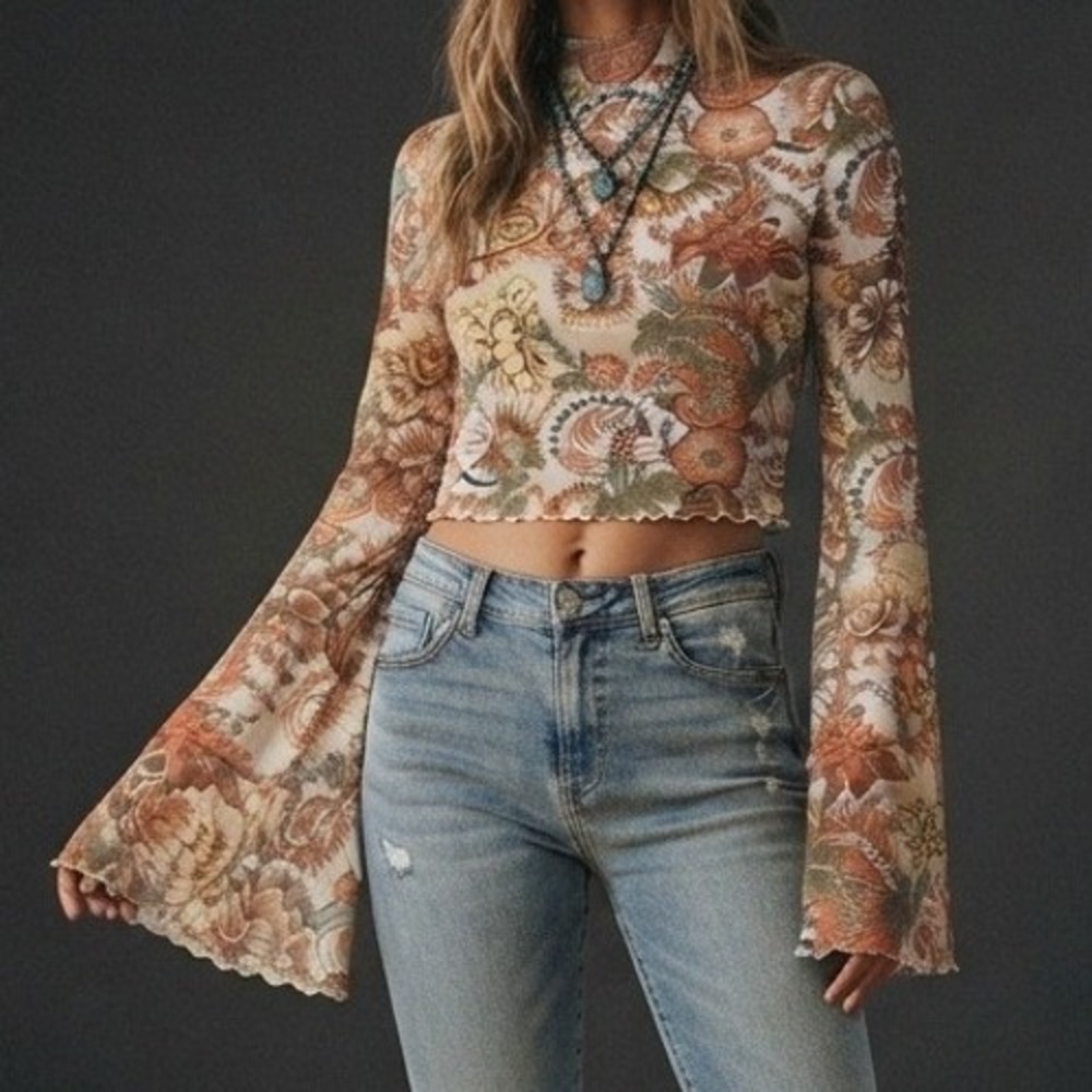 y2k sheer mock neck Floral Mesh Crop Top flare Bell Sleeve boho retro lettuce